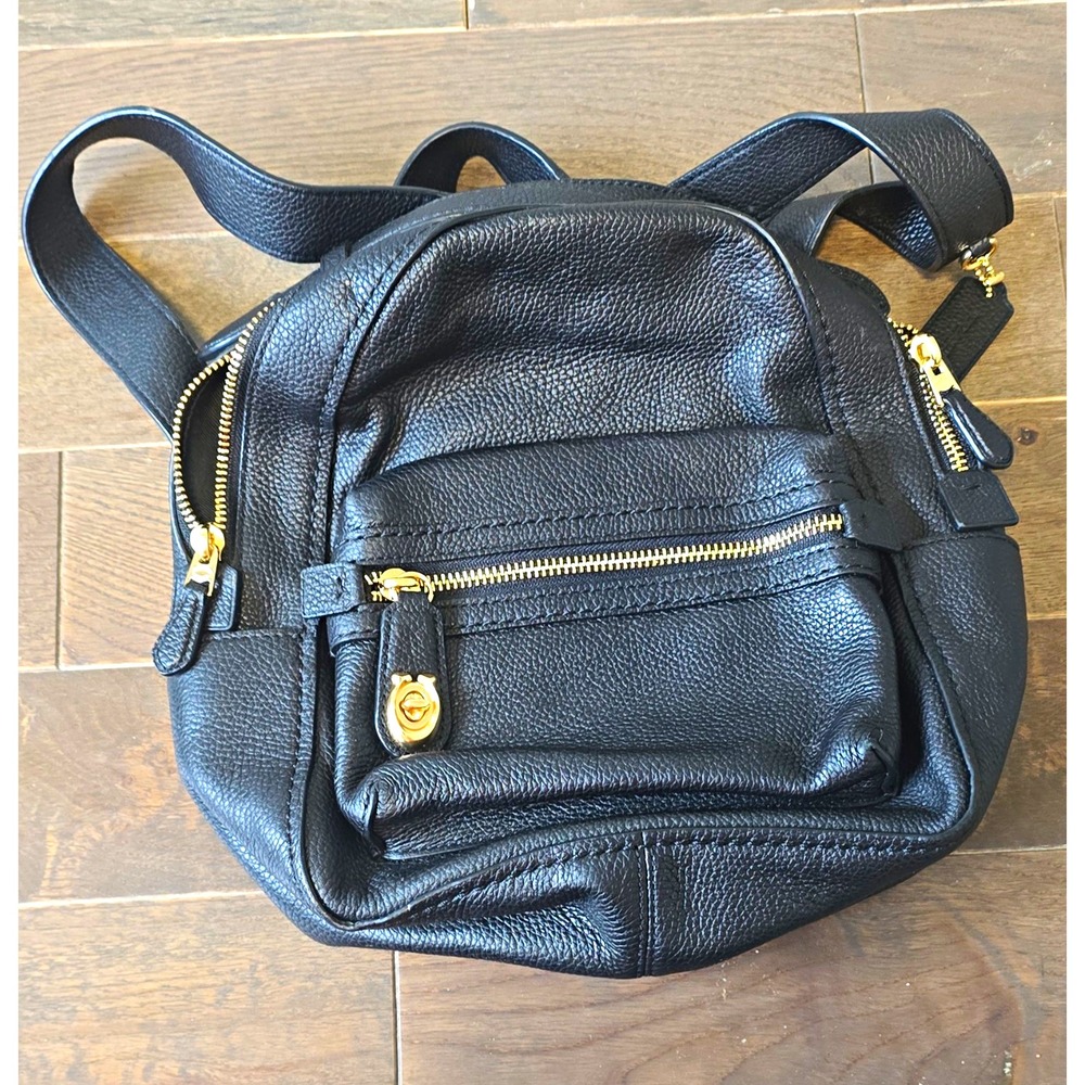 Coach Women's Black Pebbled Backpack Zip Closure, Buckle Accent, Gold Hardware